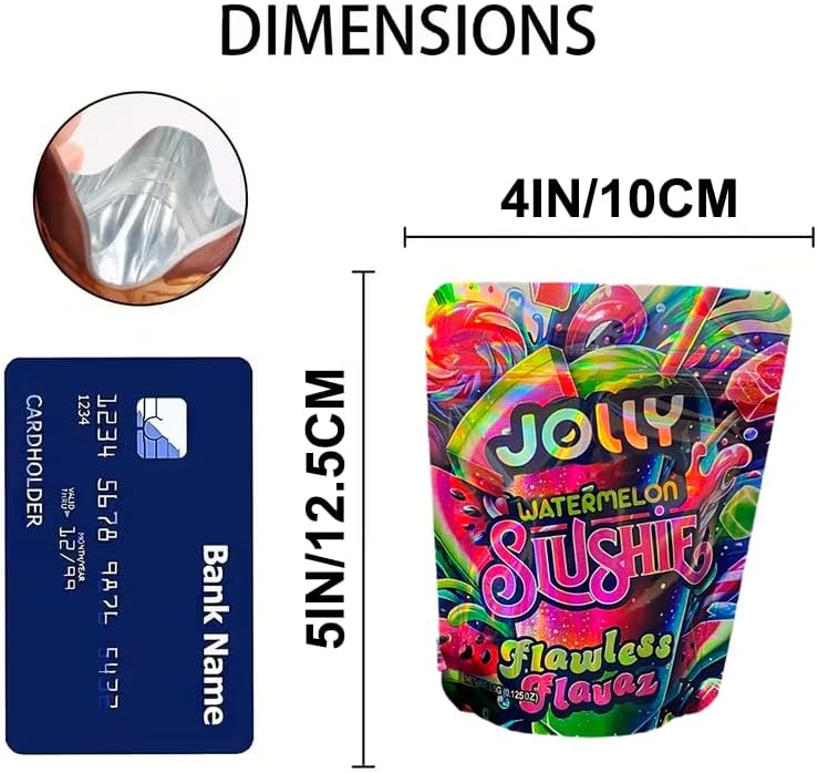 100 Pack 3.5g Mylar Storage Bags, Holographic Rainbow Color, Resealable Stand-up 3.5 grams Baggies for Candy, Cookies, Snacks Packing, 4x5 Inches (WATERMELON)