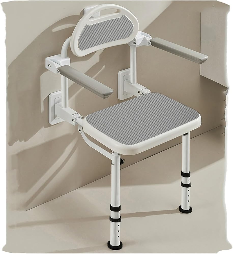 Height-Adjustable Folding Shower Seat with Padded Backrest – Wall-Mounted Shower Bench for Seniors, Elderly, Disabled, and Pregnant Individuals