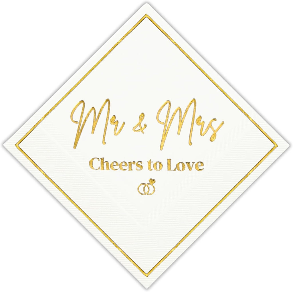 Mr and Mrs Wedding Napkins, Elegant Gold Foil White Paper Cocktail Napkin, Disposable Decorations for Weddings, Receptions, Bridal Showers, Bar, 50 Pack