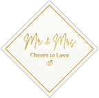 Mr and Mrs Wedding Napkins, Elegant Gold Foil White Paper Cocktail Napkin, Disposable Decorations for Weddings, Receptions, Bridal Showers, Bar, 50 Pack