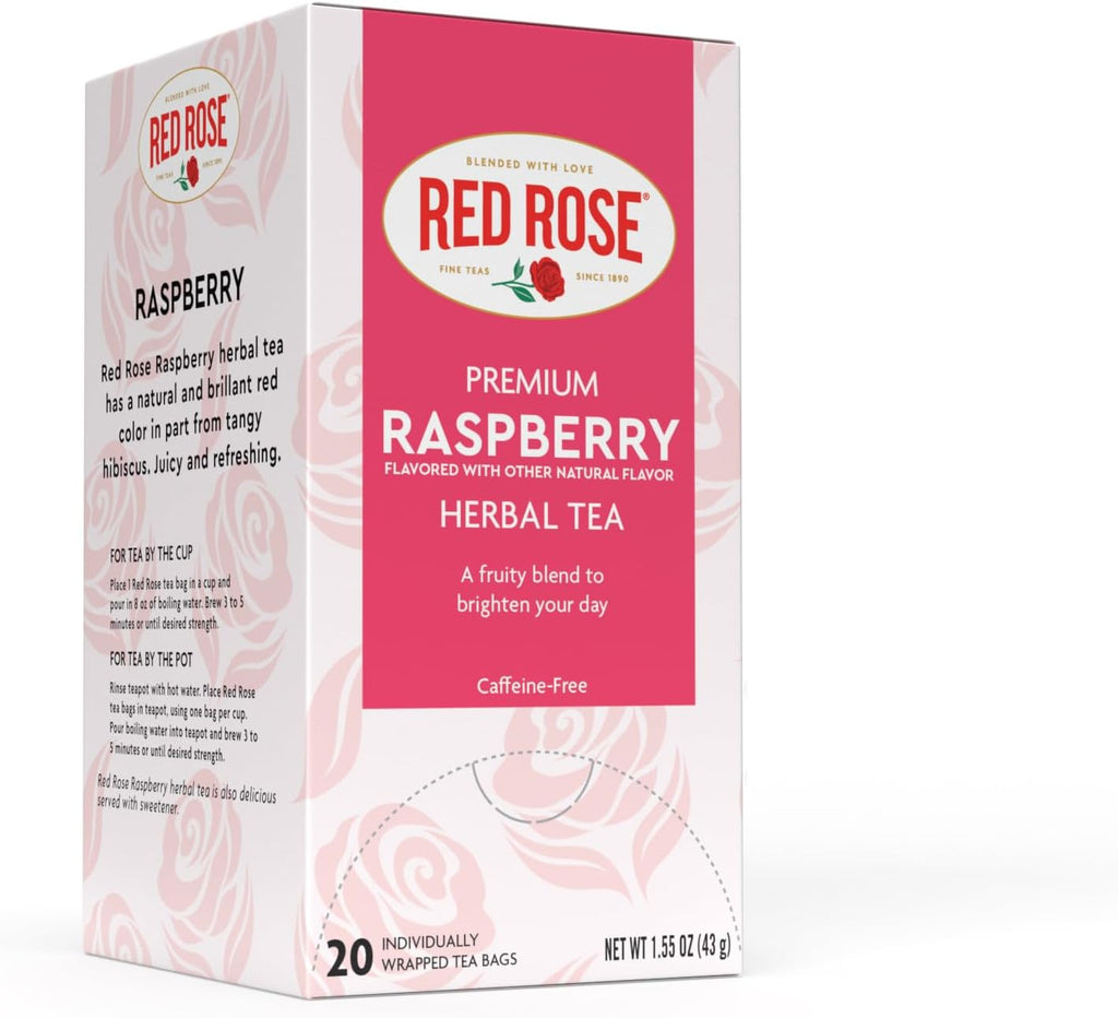 Red Rose Raspberry Herbal Tea Refreshing & Fruity Brewed Naturally Flavored Tea with 20 Individually Wrapped Tea Bags Per Box Caffeine Free Brew Hot