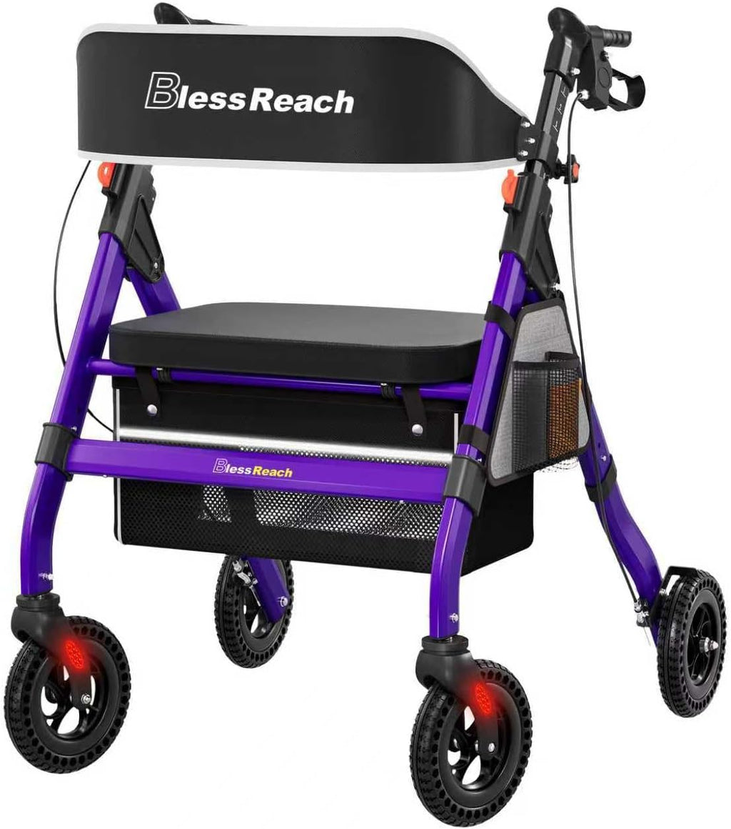 BlessReach Heavy-Duty Aluminum Rolling Walker - Foldable Rollator Walkers with Seat for Seniors, 450 lb Capacity, 8'' Wheels, 18" Big Seat, 6-Position Adjustable Height(Purple)