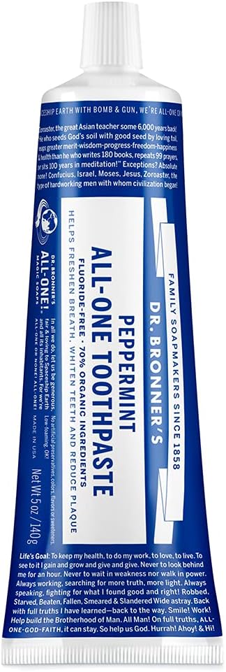 Dr. Bronner’s - All-One Toothpaste (Peppermint, 5 ounce) - 70% Organic Ingredients, Natural and Effective, Fluoride-Free, SLS-Free, Helps Freshen Breath, Reduce Plaque, Whiten Teeth, Vegan