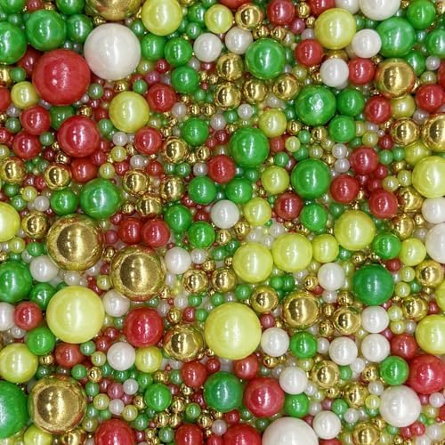 Edible Christmas Mixed Colour Sugar Pearls Sprinkles Candy Mix Size Pearls Cake Decorations Cupcake Toppers Decorating Perfect for Wedding Party Valentine Christmas Supplies 4.58OZ