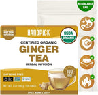 HANDPICK, Organic Ginger Tea Bags (100 Herbal Tea Bags), Caffeine Free & 100% Pure Ginger Root |Soothing & Spicy Blend | Round Eco Conscious Teabags