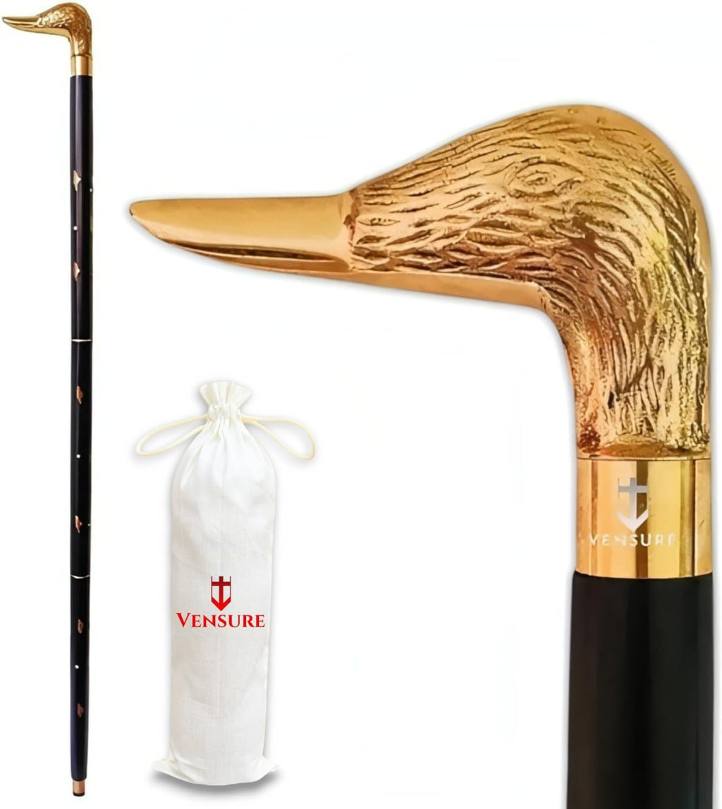 Vintage Antique Walking Cane Black Wooden Walking Stick with Golden Brass Designer Duck Handle Wooden Walking Cane for Men & Women, Fancy Canes, Ideal Gift