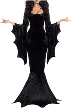 Halloween Costumes Women Witches Dress Bat Wing Sleeve Gothic Dress Party Cosplay Vintage Black Sexy Wrap Maxi Dress