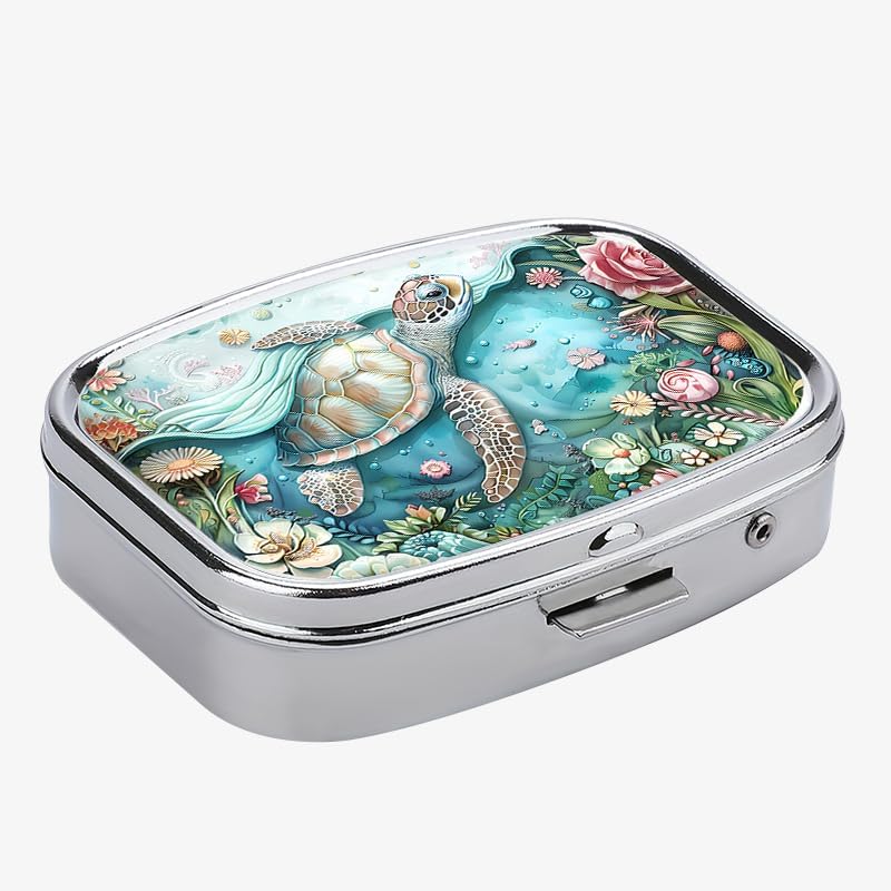 1pc Square Pill Box, Mini 2 Compartment Medicine Pill Organizer, Household Portable Medicine Storage Box, Vitamins Fish Oil for Pockets Purses Travel Unique Gift (sea Turtle)