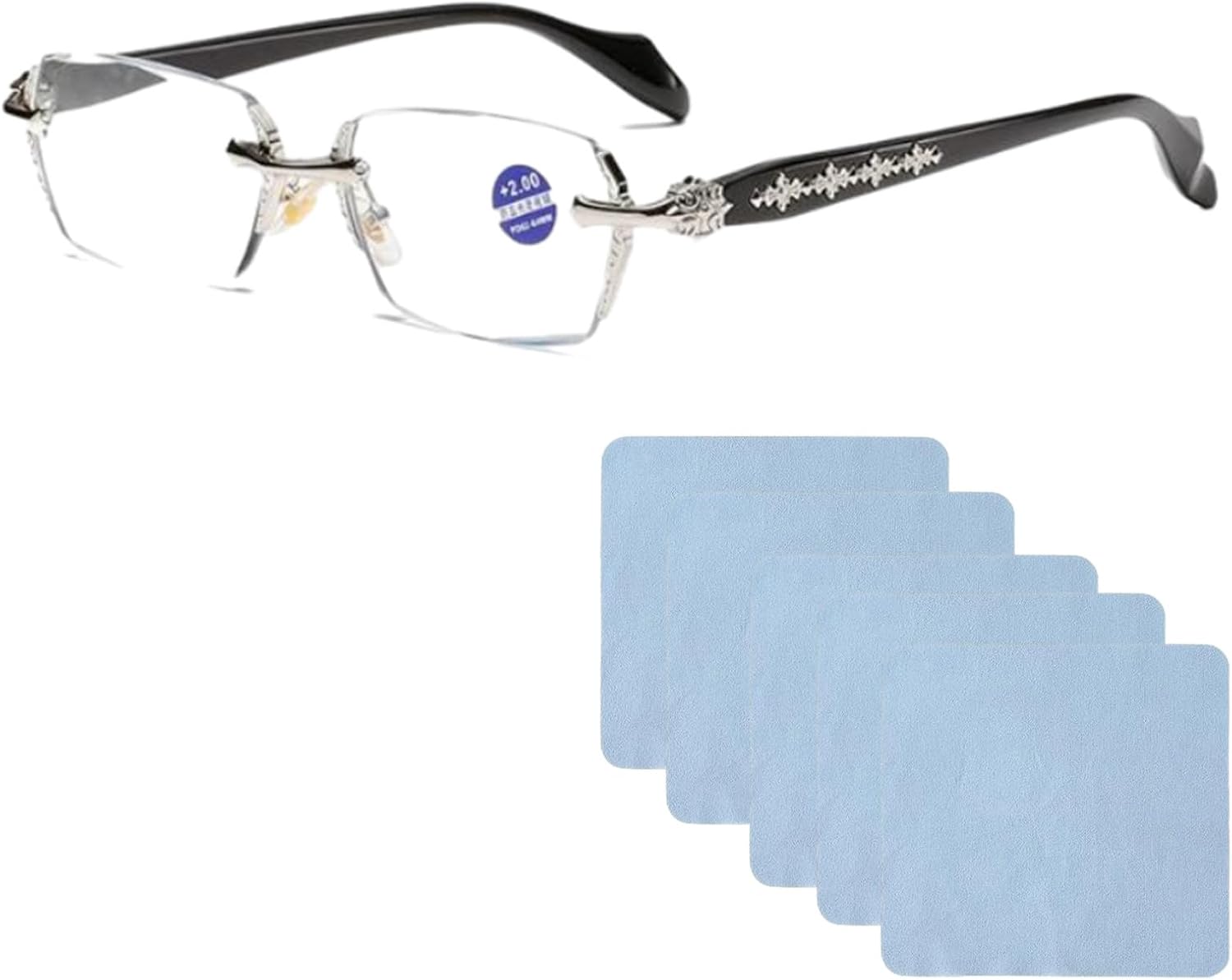 Frameless Reading Glasses with Clear Lenses, Diamond-Cut Edges & Fashion Metal Temple Decor