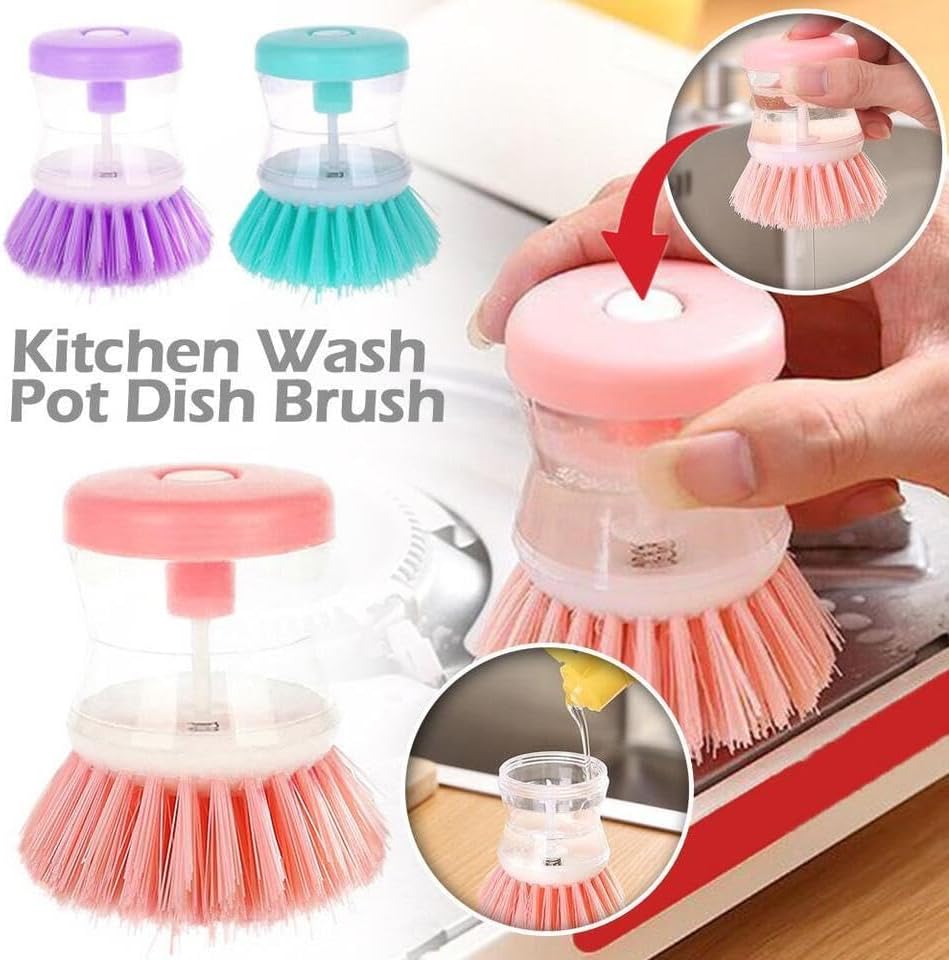 2Pcs Kitchen Dishwashing Brushes with Liquid Soap Dispenser Household Pot Bowl Cleaning Scrubber Washing Accessories (pink-2pcs)
