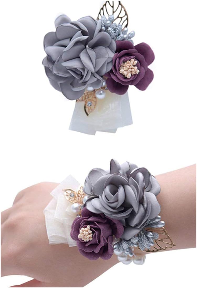 Rose Wedding Wrist Corsage and Boutonniere Set Party Prom Hand Ribbon Flower Suit Decor (Light Gray)