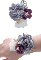 Rose Wedding Wrist Corsage and Boutonniere Set Party Prom Hand Ribbon Flower Suit Decor (Light Gray)