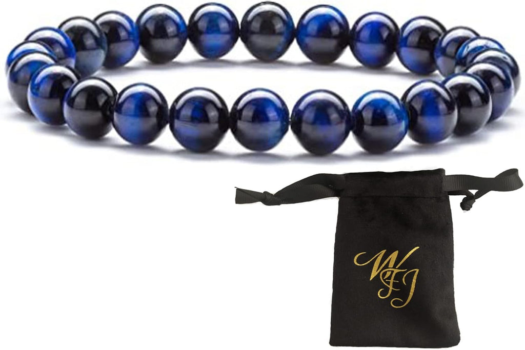 WFJ Blue Tiger Eye Bracelet Men Women Gemstone Beaded Protection Bracelet Helps Insight and Focus, 8mm…