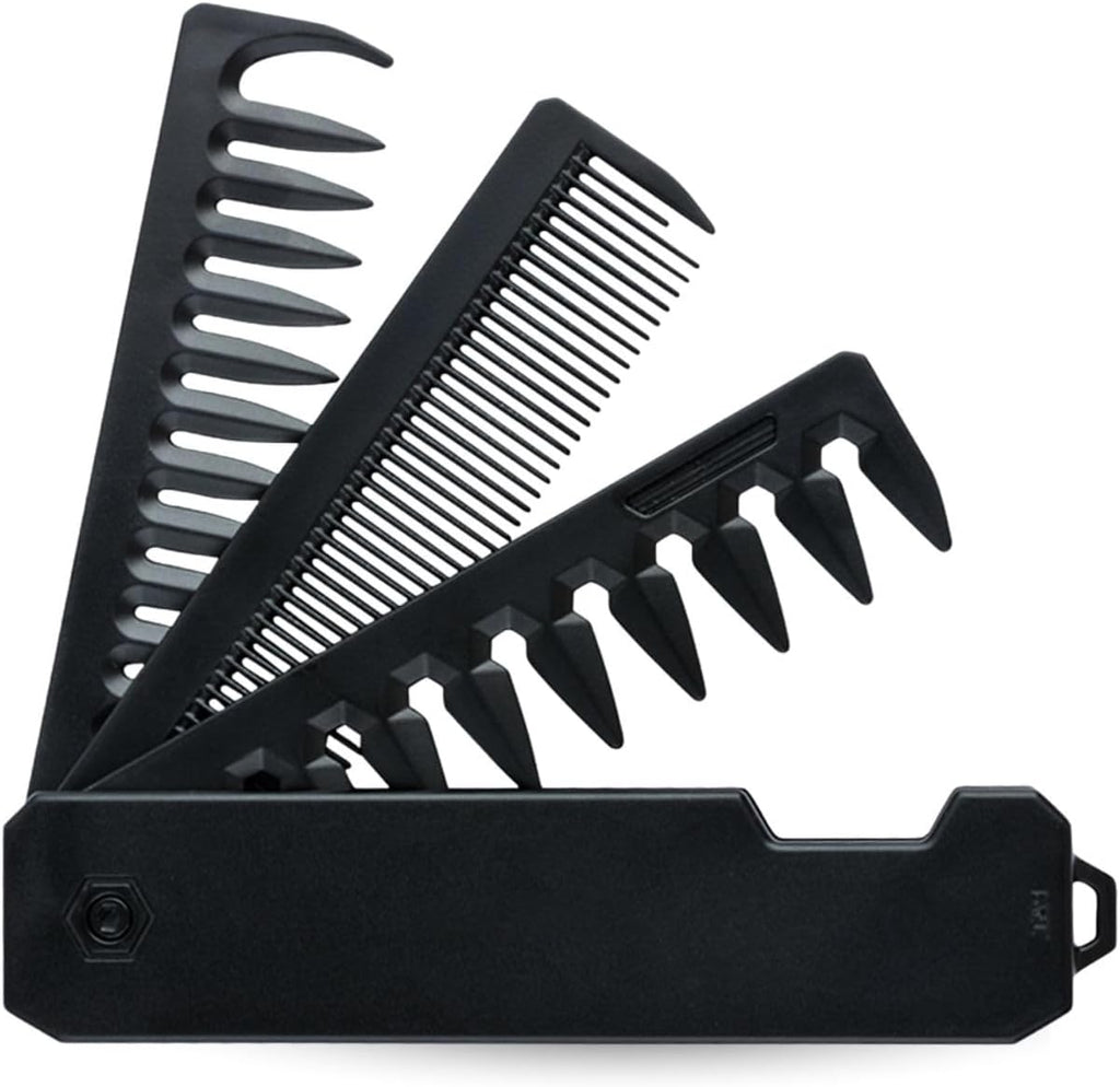 Protable Folding Pocket Comb for Men, 3 in 1 Hair Comb - Fine Tooth & Wide Tooth Comb, for Everyday Grooming & Combing Hair, Beards and Mustaches (Black)