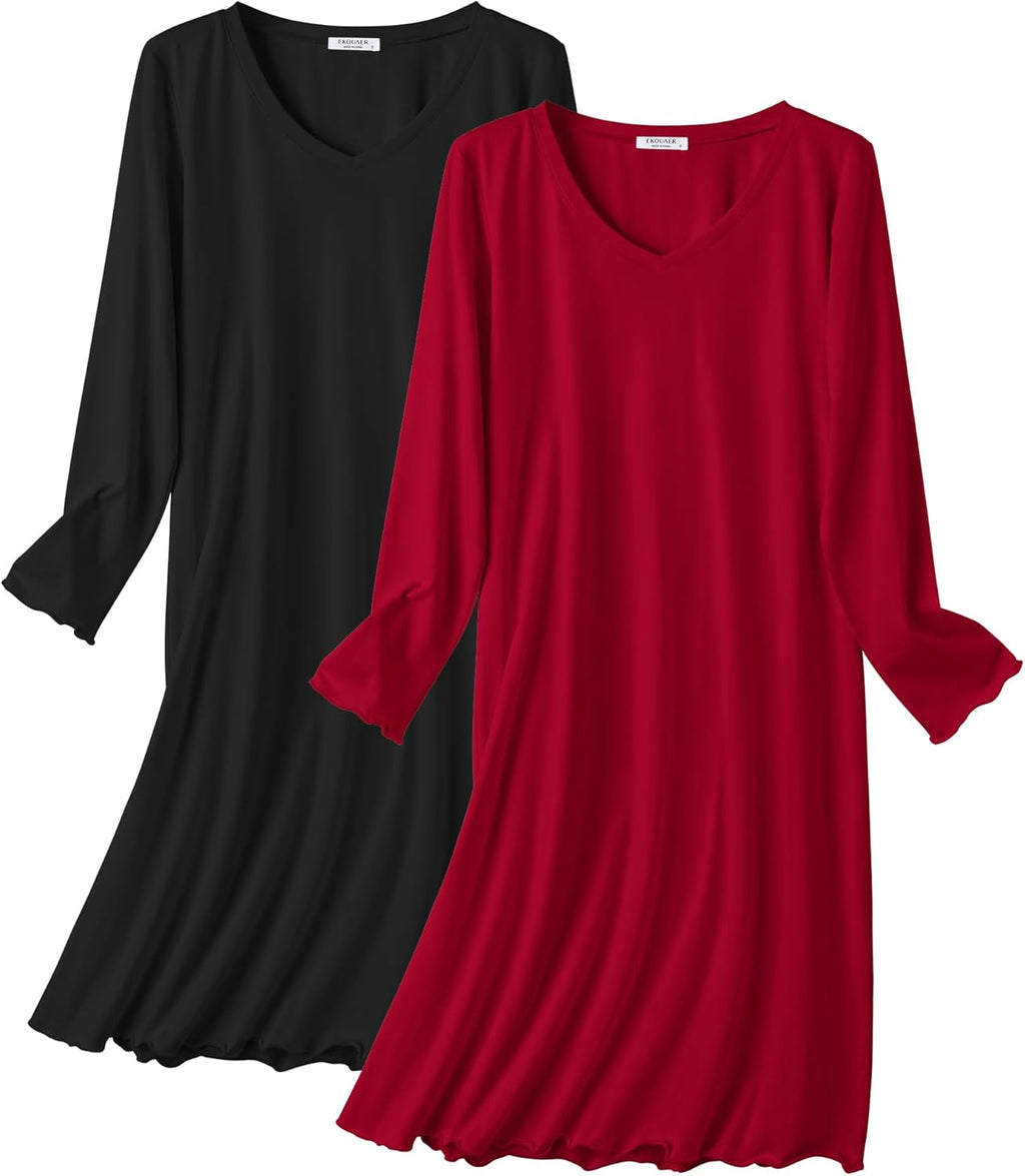 Ekouaer Cotton Nightgowns for Women 2 Pack Night Gown Long Sleeve Sleepshirts V Neck Night Shirt Soft Sleepwear
