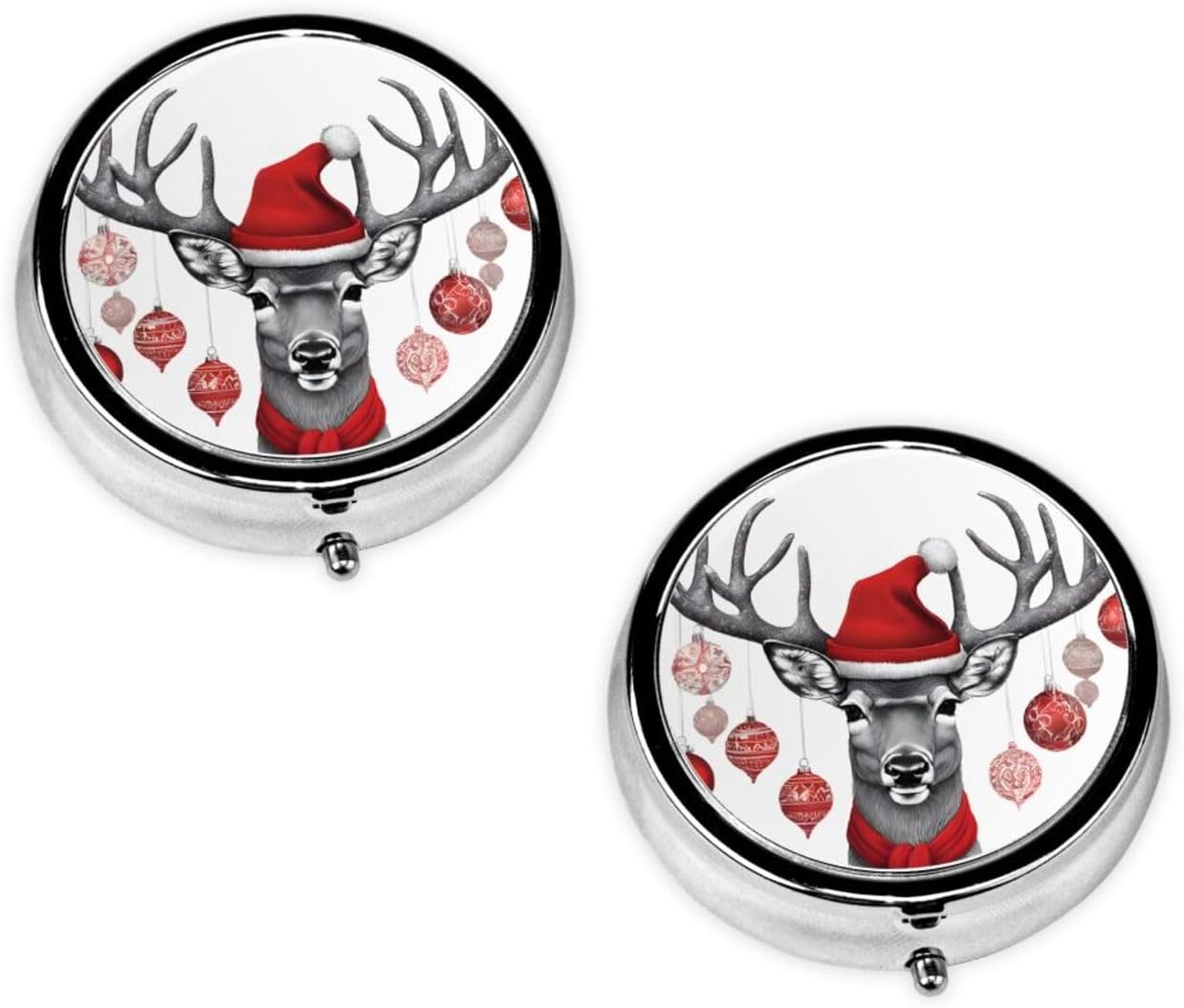 (Funny Christmas Moose) Round Pill Box,3 Compartment Pill Box Mini Decorative Pocket Purse Portable Travel Medicine Tablet Vitamin Holder Organizer Pill Case