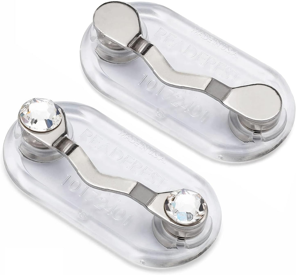 Readerest Magnetic Eyeglass Holder (2 Pack), Eyewear Shirt Clip for Men & Women, Glasses Holders for Readers, Sunglasses & Work Badges, USA Made (Stainless Steel + Crystals)
