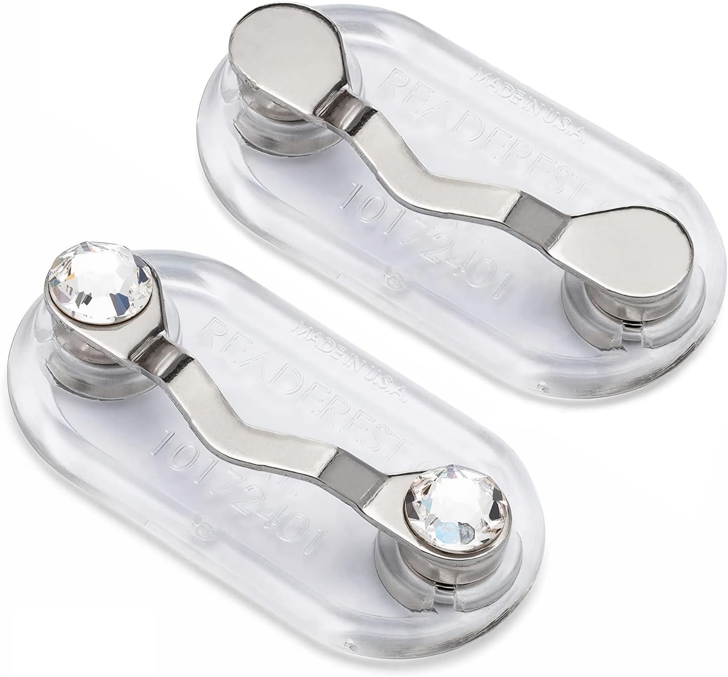 Readerest Magnetic Eyeglass Holder (2 Pack), Eyewear Shirt Clip for Men & Women, Glasses Holders for Readers, Sunglasses & Work Badges, USA Made (Stainless Steel + Crystals)