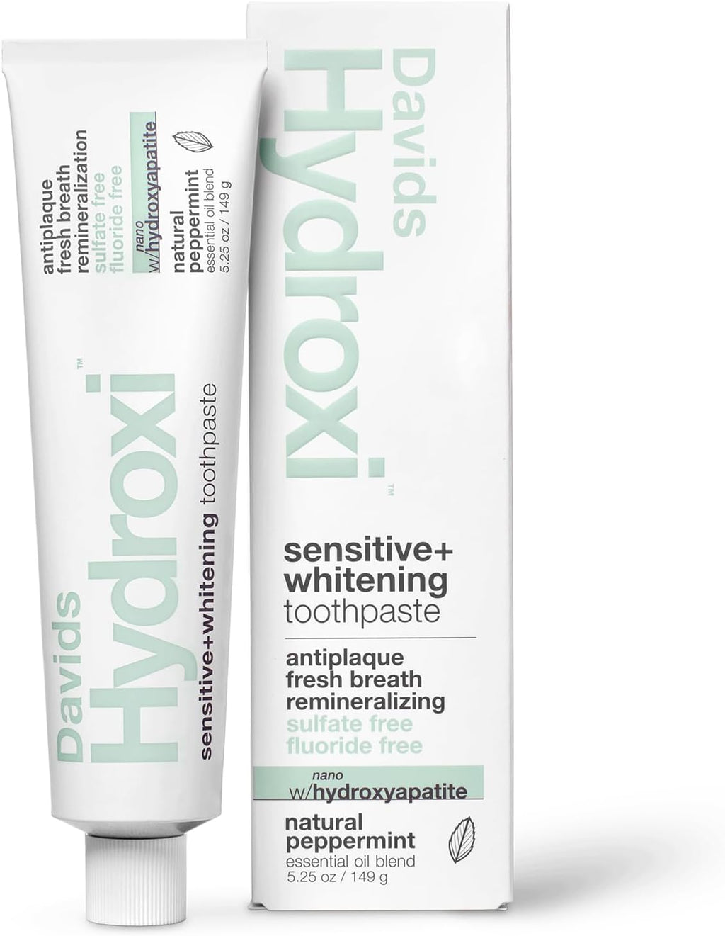 Davids Hydroxi Fluoride Free Nano Hydroxyapatite Toothpaste for Remineralizing, Sensitive Support, Whitening, Antiplaque, SLS Free, Natural Peppermint, 5.25oz, Made in USA