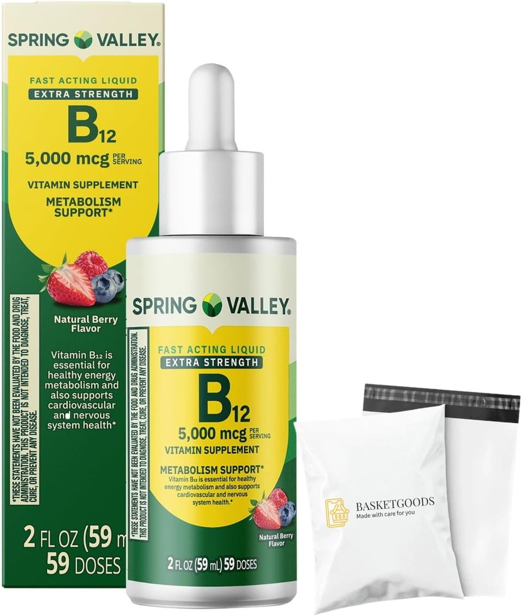Liquid Vitamin B12, 5000mcg, Spring Valley Vitamin b12, Metabolism Supplement, Berry Flavor, 2 fl oz - Set by Basket Goods