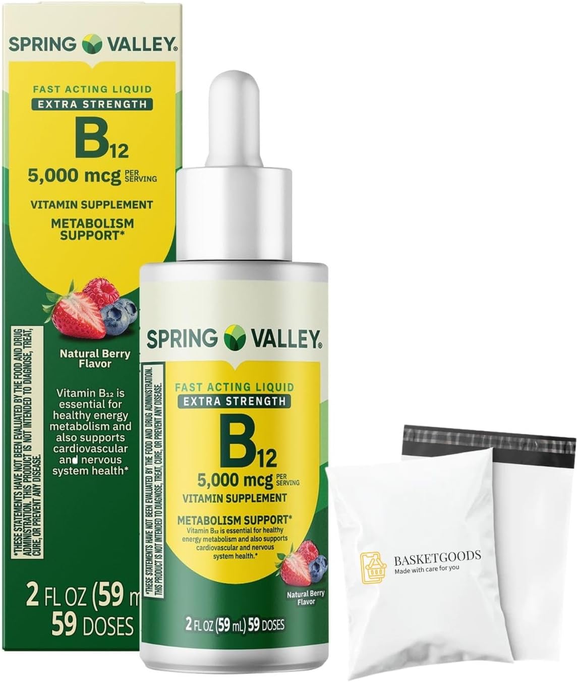 Liquid Vitamin B12, 5000mcg, Spring Valley Vitamin b12, Metabolism Supplement, Berry Flavor, 2 fl oz - Set by Basket Goods