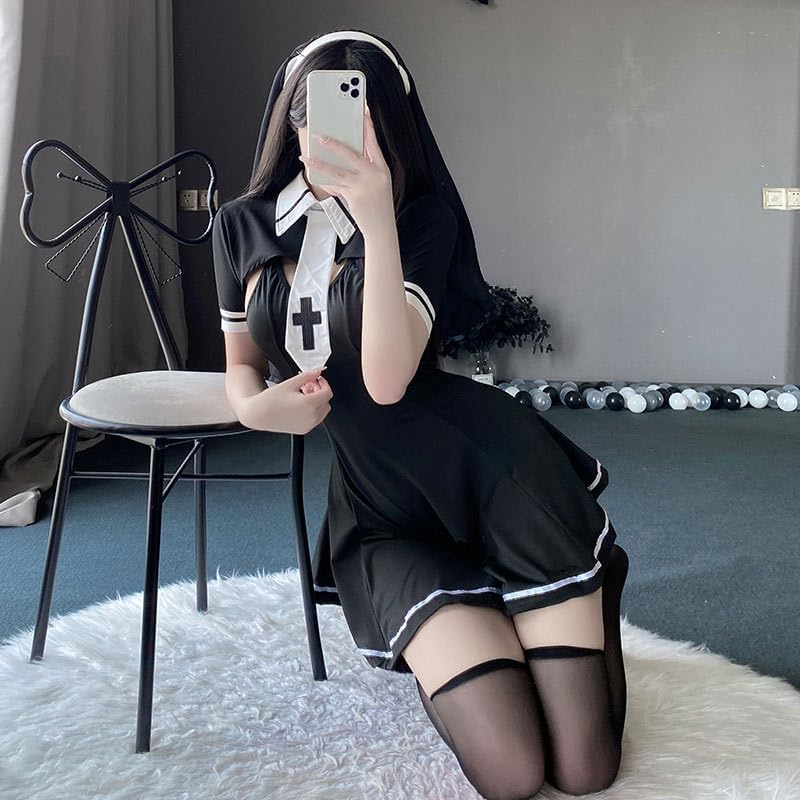 Sexy Nun Costume Women Cosplay Lingerie Gothic Maid Costume Nun Dress Anime Roleplay Halloween Outfits Black