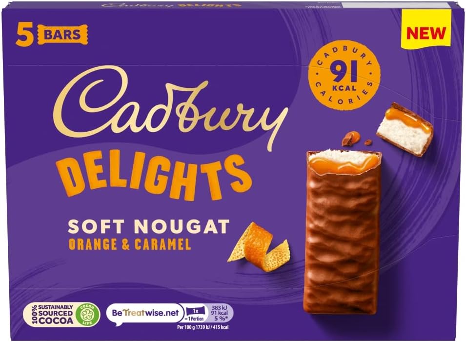 Cadbury Delights Soft Nougat Orange & Caramel Bars, Chewy Nougat Bars With Orange & Caramel, Multipack of 5 x 22 g (Pack of 1)