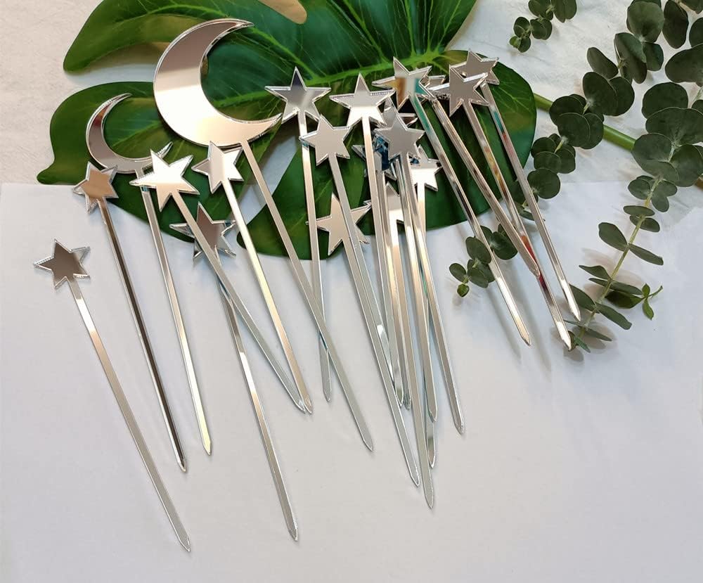 Set of 20pcs Star and Moon Acrylic Cake Topper, The Moon Birthday Dreamy Wedding Shooting Star Engagement Baby Shower Topper (Silver Mirror)