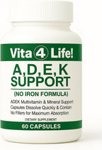 Vita4Life!® ADEK Fat Soluble Vitamins A D E K - High Absorption Bariatric Multivitamin - No Iron Formula with B-Complex & Calcium - 60 Fast Dissolving Capsules for Post Surgery & General Health