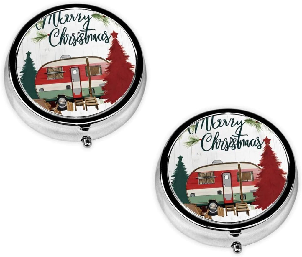 (Farmhouse Christmas) Round Pill Box,3 Compartment Pill Box Mini Decorative Pocket Purse Portable Travel Medicine Tablet Vitamin Holder Organizer Pill Case