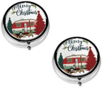 (Farmhouse Christmas) Round Pill Box,3 Compartment Pill Box Mini Decorative Pocket Purse Portable Travel Medicine Tablet Vitamin Holder Organizer Pill Case