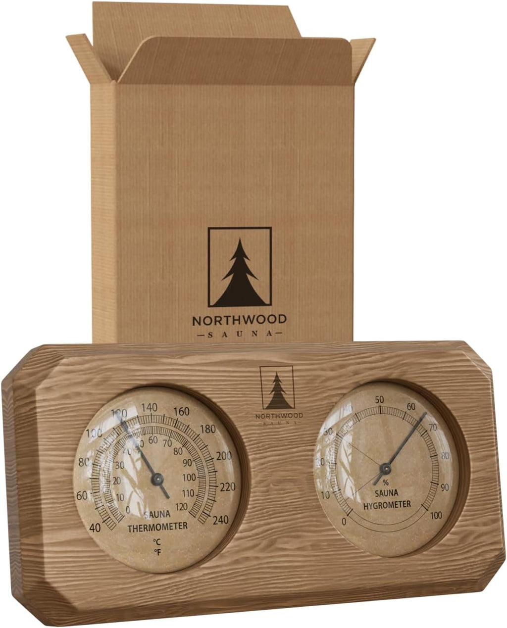 Northwood Sauna - Sauna Thermometer and Hygrometer 2 in 1 - Fahrenheit & Celsius - Handmade from Canadian Red Cedar Wood - Luxurious Golden Metal Dials