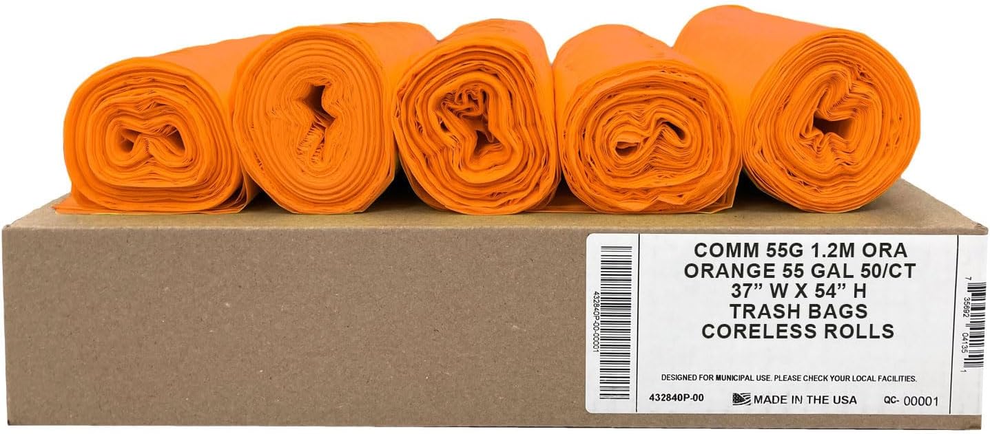 Ultrasac Heavy Duty 55 Gallon Orange Trash Bags - (Value 50 Pack) - 1.5 MIL equivalent Industrial Strength Plastic 37" x 54" for 50-55 Gal Cans -Fits Toter, Rubbermaid Brute, Carlislie Bronco etc.