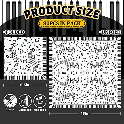 Whaline 80 Pcs Music Notes Paper Napkins 6.5 x 6.5 Inch Musical Notation Disposable Luncheon Napkin Black White Piano Keys Prints Lunch Napkin for Music Celebration Dinner Tableware Party Supplies