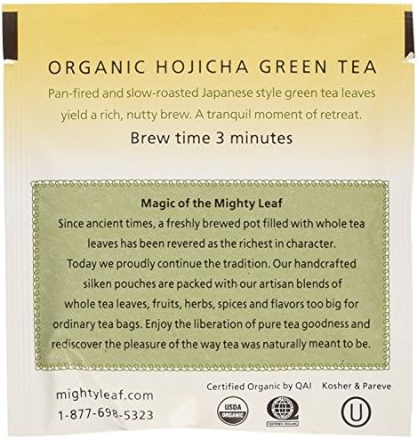 Mighty Leaf Organic Hojicha Green Tea – 100 Count Foil-Wrapped Silken Tea Pouches – Premium Roasted Japanese Green Tea with Smooth, Toasty Flavor – Hot or Iced Brewing