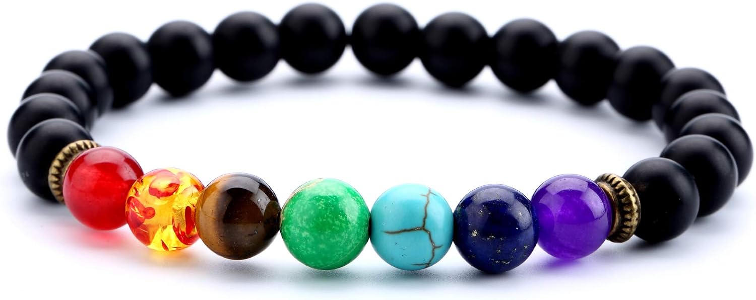 Hamoery Men Women 8mm Lava Rock 7 Chakra Beads Chakra Bracelet Braided Rope Natural Stone Yoga Bracelet Bangle
