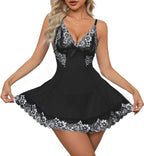 Women Sexy Lingerie Babydoll Mini Dress Floral Lace Sheer Chemise Sleepwear Mesh Lingerie Set with G-String