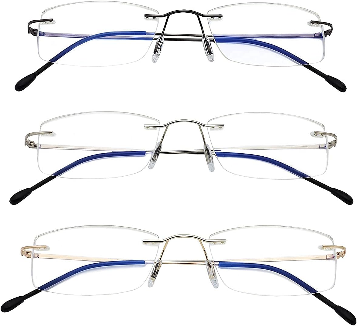 3 Pack Rimless Readers Blue Light Proof Reading Glasses Women Men Anti Glare Filter Lightweight Eyeglasses