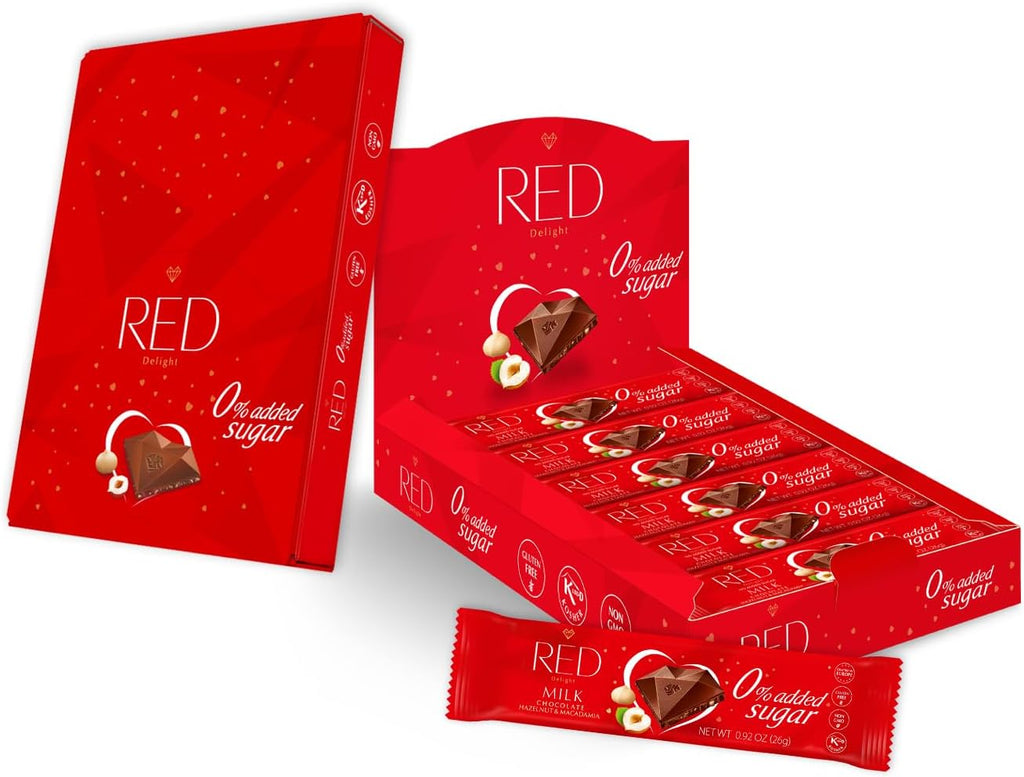 Red Delight Hazelnut and Macadamia Milk Chocolate Snack Bars - Pack of 24 Diamond-Shaped Milk Chocolates (22.08oz) with Rich Cocoa Flavor - European-Style Chocolates - No Added Sugar and Kosher