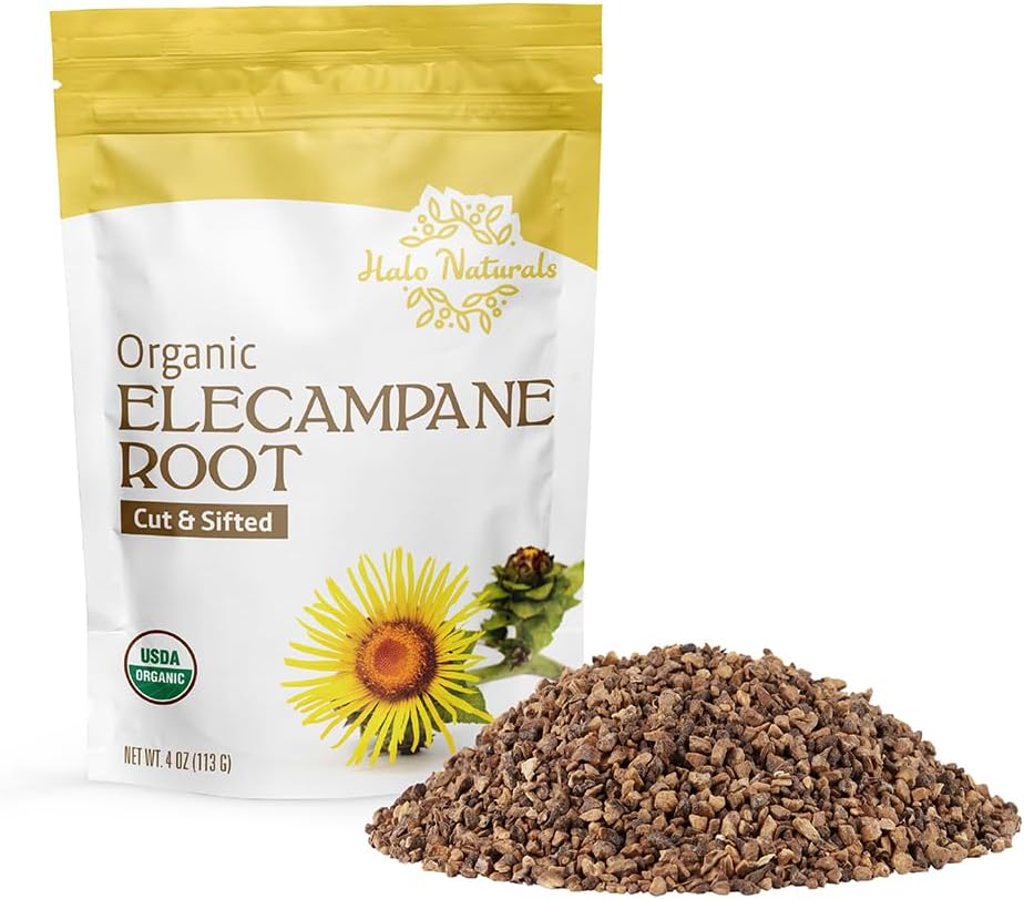 Halo Naturals Organic Elecampane Root Cut & Sifted, 4 Ounces (Inula helenium) USDA Certified | Resealable Pouch| Packaged in The USA