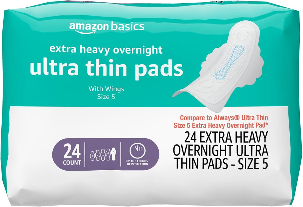 Amazon Basics Ultra Thin Pads with Flexi-Wings for Periods, Extra Heavy Overnight Absorbency, Unscented, Size 5, 24 Count, 1 Pack (Previously Solimo)