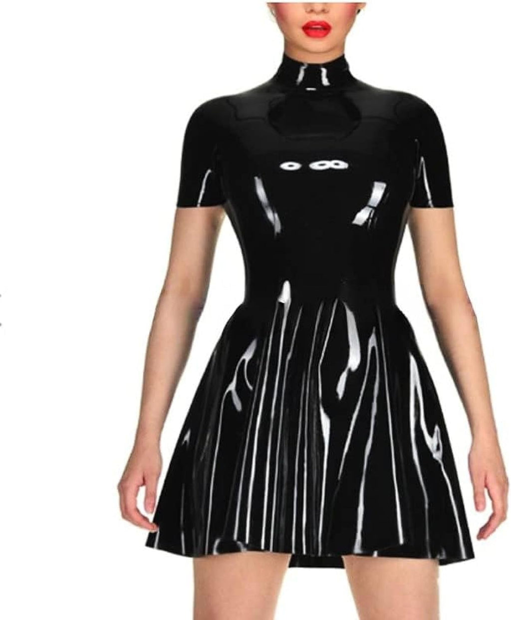 GOCTRN Black Sexy Latex Dress with Short Sleeves High Collar Back Zippers Rubber Bodycon Playsuit,Black,XS