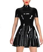 GOCTRN Black Sexy Latex Dress with Short Sleeves High Collar Back Zippers Rubber Bodycon Playsuit,Black,XS