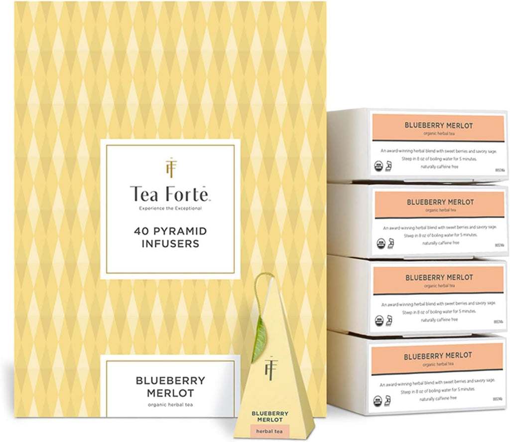 Tea Forte Blueberry Merlot Premium Organic Caffeine-Free Herbal Tea Blend Event Box, Bulk Pack 40 Count, 10 per tray Individually Wrapped Handcrafted Pyramid Infusers