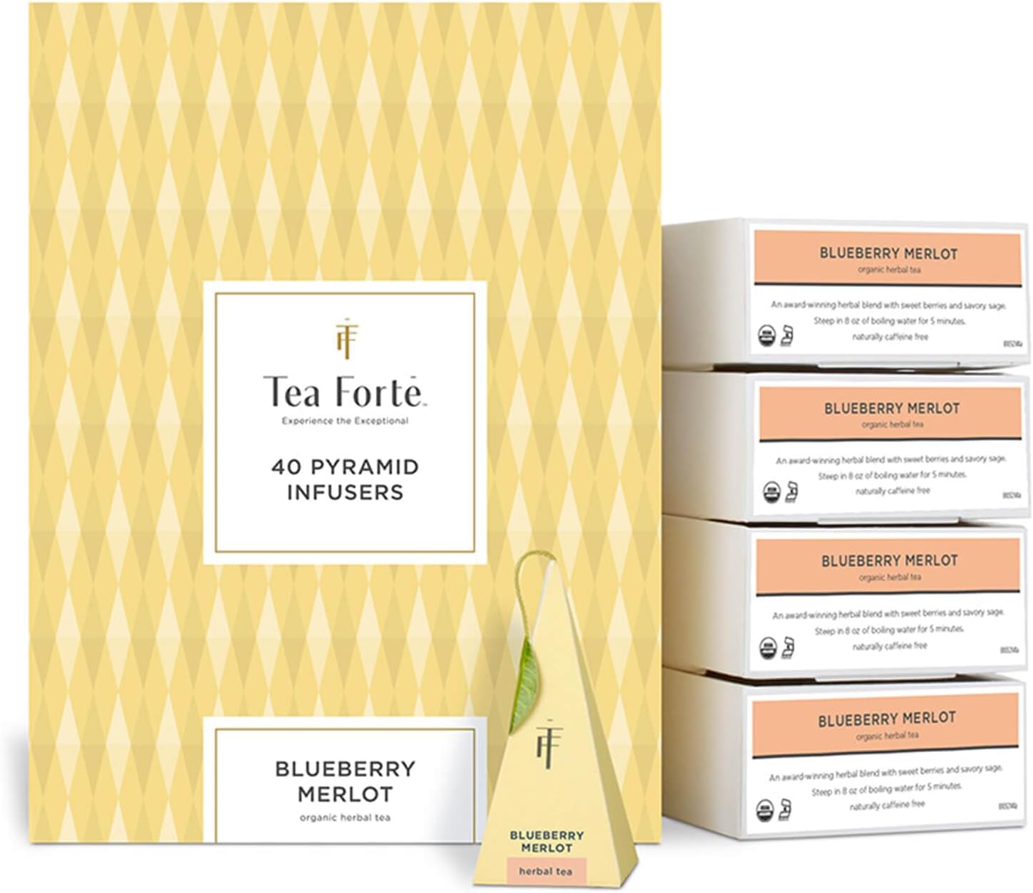 Tea Forte Blueberry Merlot Premium Organic Caffeine-Free Herbal Tea Blend Event Box, Bulk Pack 40 Count, 10 per tray Individually Wrapped Handcrafted Pyramid Infusers