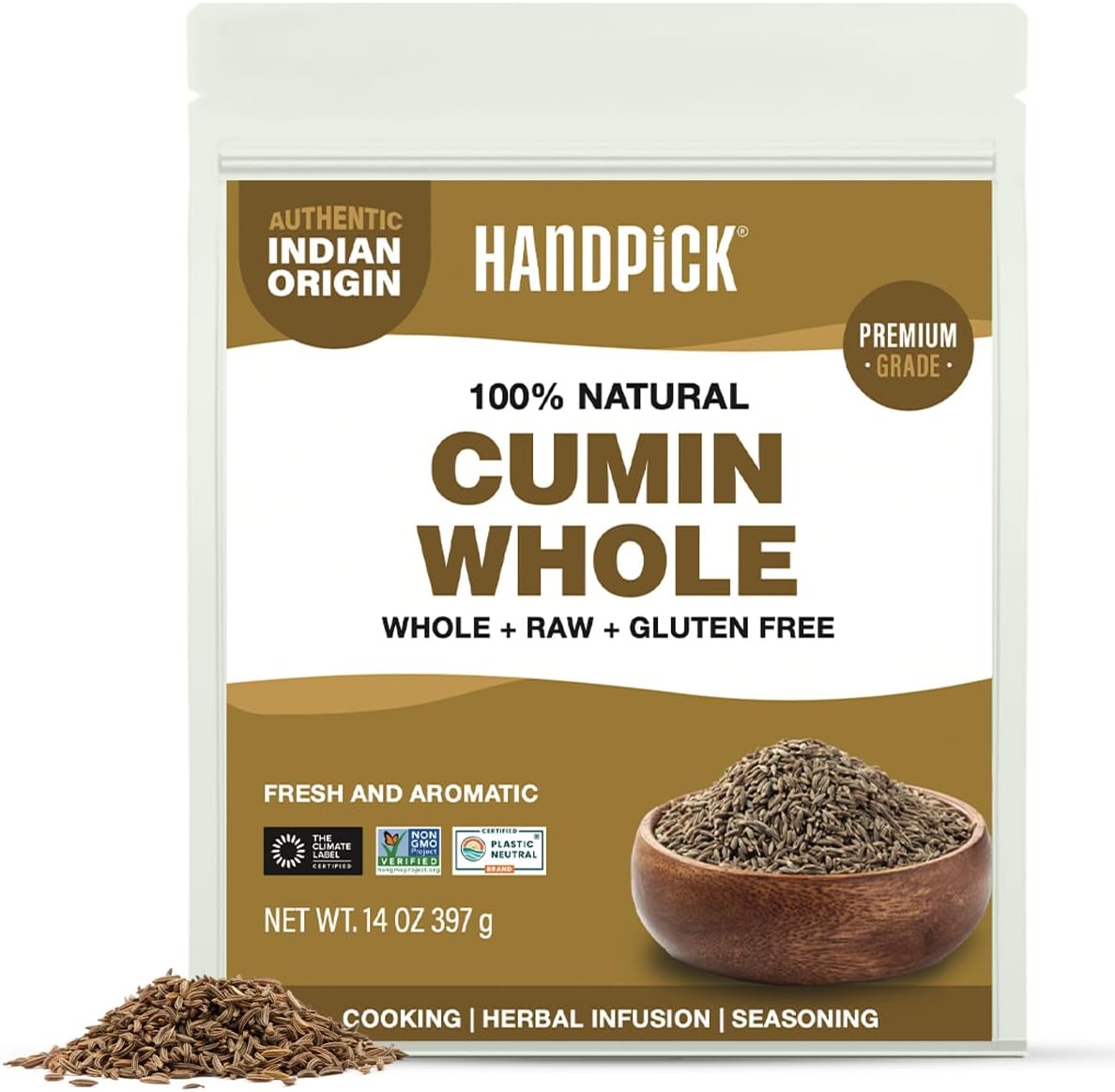 HANDPICK Cumin Seeds (397g/14oz) Non GMO, Gluten Free, 100% Raw, Sourced from India, Excellent Flavor, Aromatic, For Tempering, Spice Blends and Seasonings, Packed in Resealable Ziplock Pouch