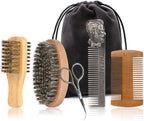 Beard Brush and Comb Set with Mustache Scissors Grooming Kit, Natural Boar Bristle, Dual Action Wood Comb, Dual Side Brush for Men's Facial Hair, Travel Bag