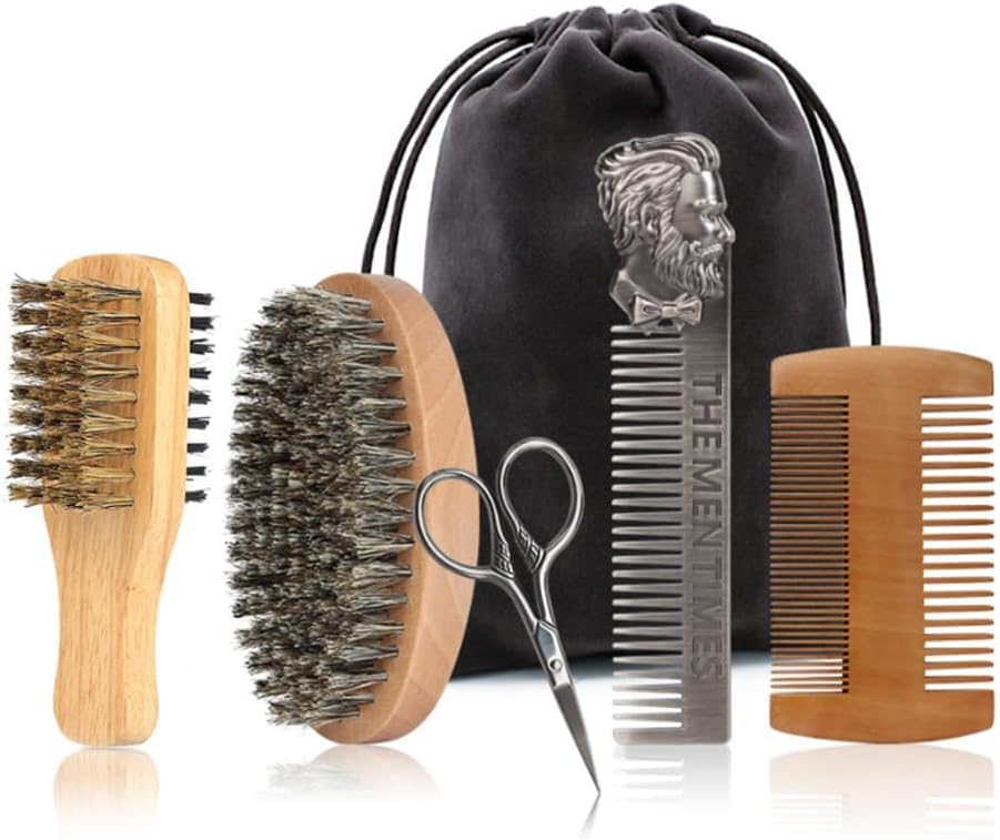 Beard Brush and Comb Set with Mustache Scissors Grooming Kit, Natural Boar Bristle, Dual Action Wood Comb, Dual Side Brush for Men's Facial Hair, Travel Bag