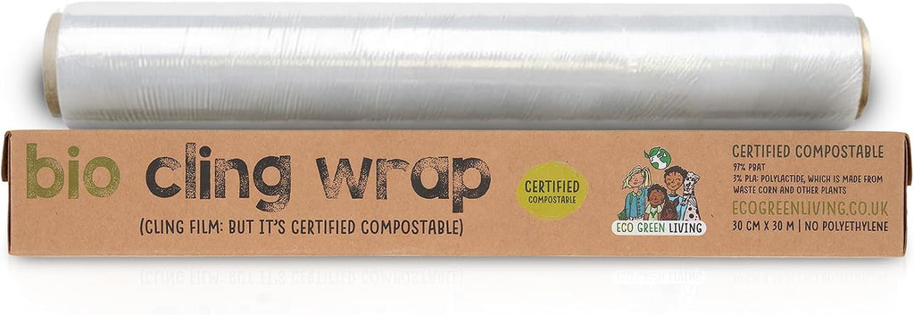 Eco Green Living Biodegradable Cling Film Bio Cling Wrap 100% Compostable, BPA & Plastic-Free Food Wrap, Vegan, Fridge & Freezer Safe, Recyclable Cardboard Dispenser, 30cm x 30m