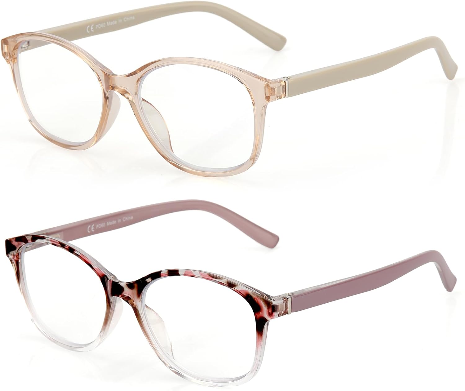 SKYOAK 2 Pack Vibrant Progressive Multifocus Reading Glasses Women, Stylish Spring Hinge Multifocal Readers, Lightweight Anti Blue Light Computer Eyeglasses for Near Range (Pink & Tortoise, 2.5x)